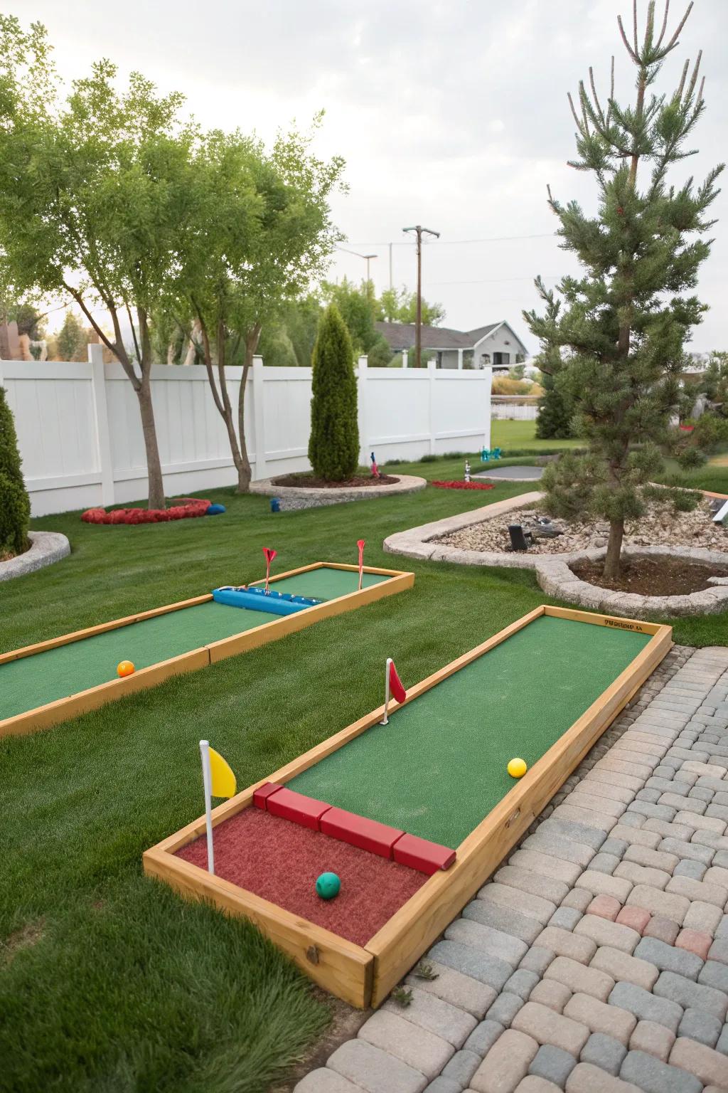 A fun mini golf course set up in the backyard.