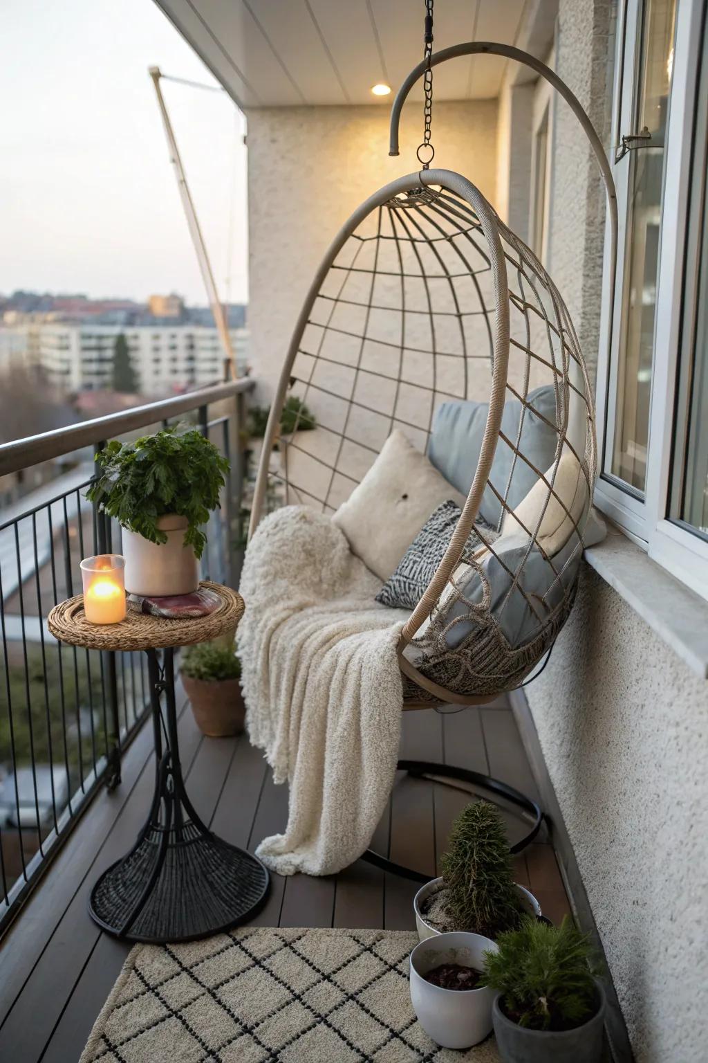 A hanging egg chair adds a cozy and stylish element to your balcony.