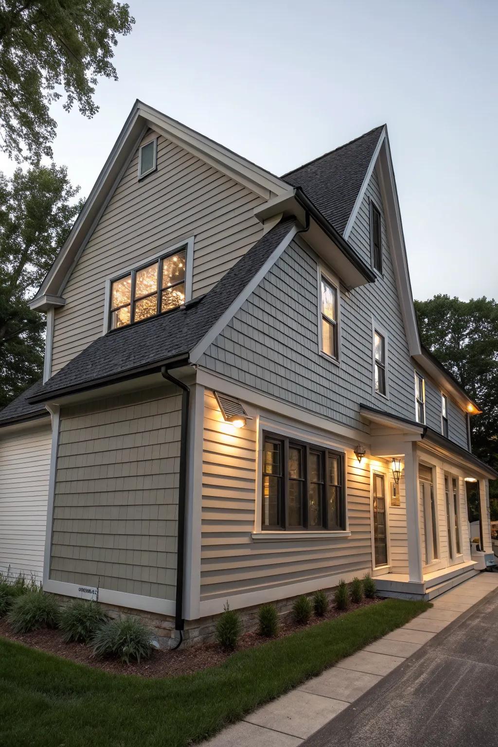 Varied siding materials bring texture and contrast to gables.