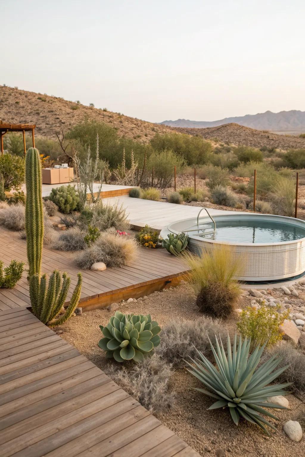 A minimalist desert-themed galvanized pool setup.