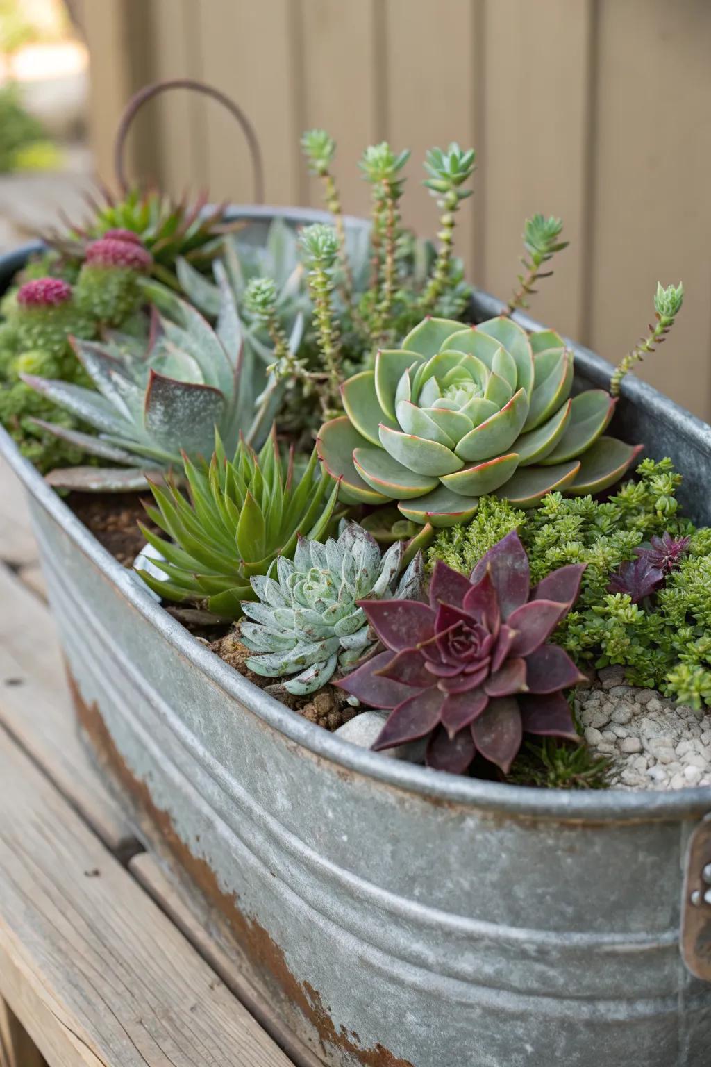 A serene succulent garden in a galvanized trough, ideal for water-wise gardening.