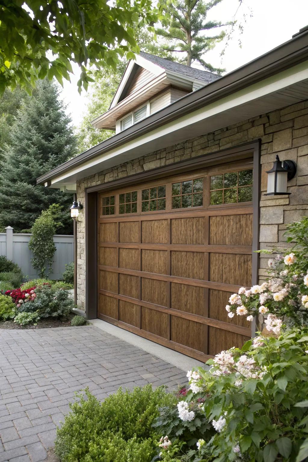 Achieve a rustic look with faux wood panels on your garage door.
