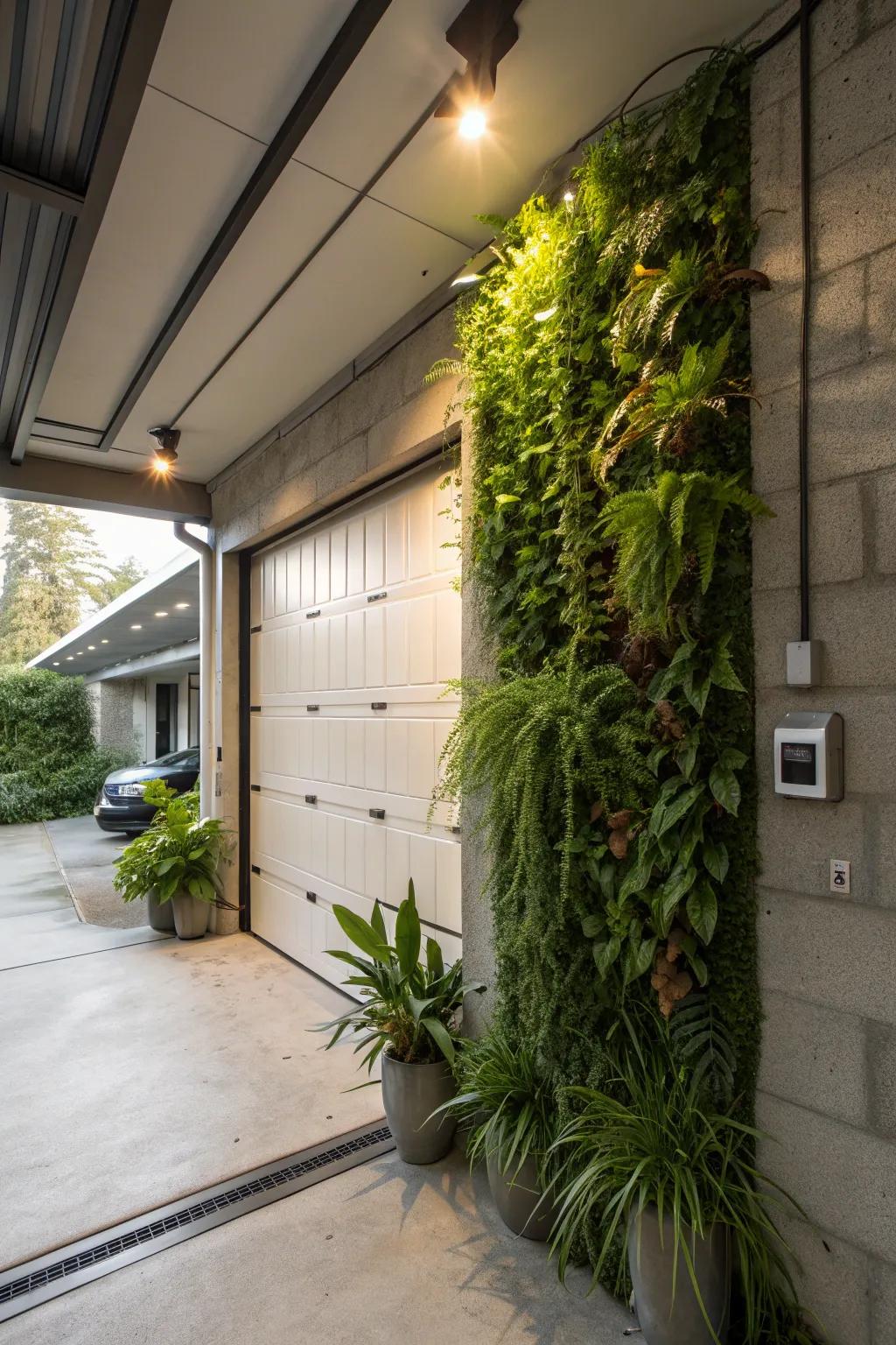 A vibrant vertical garden enhancing a garage patio.