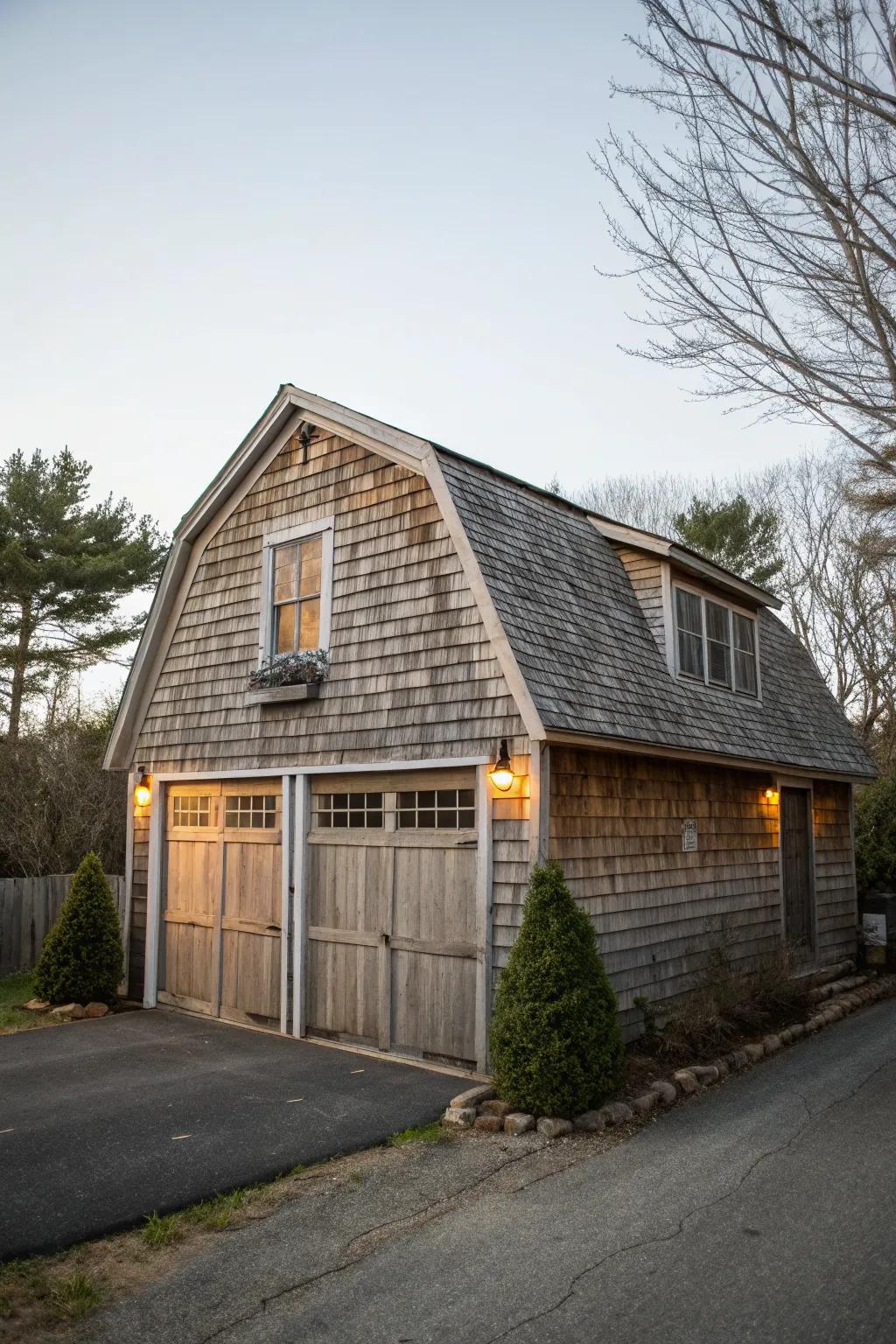 Rustic charm with a barn-style gambrel roof.