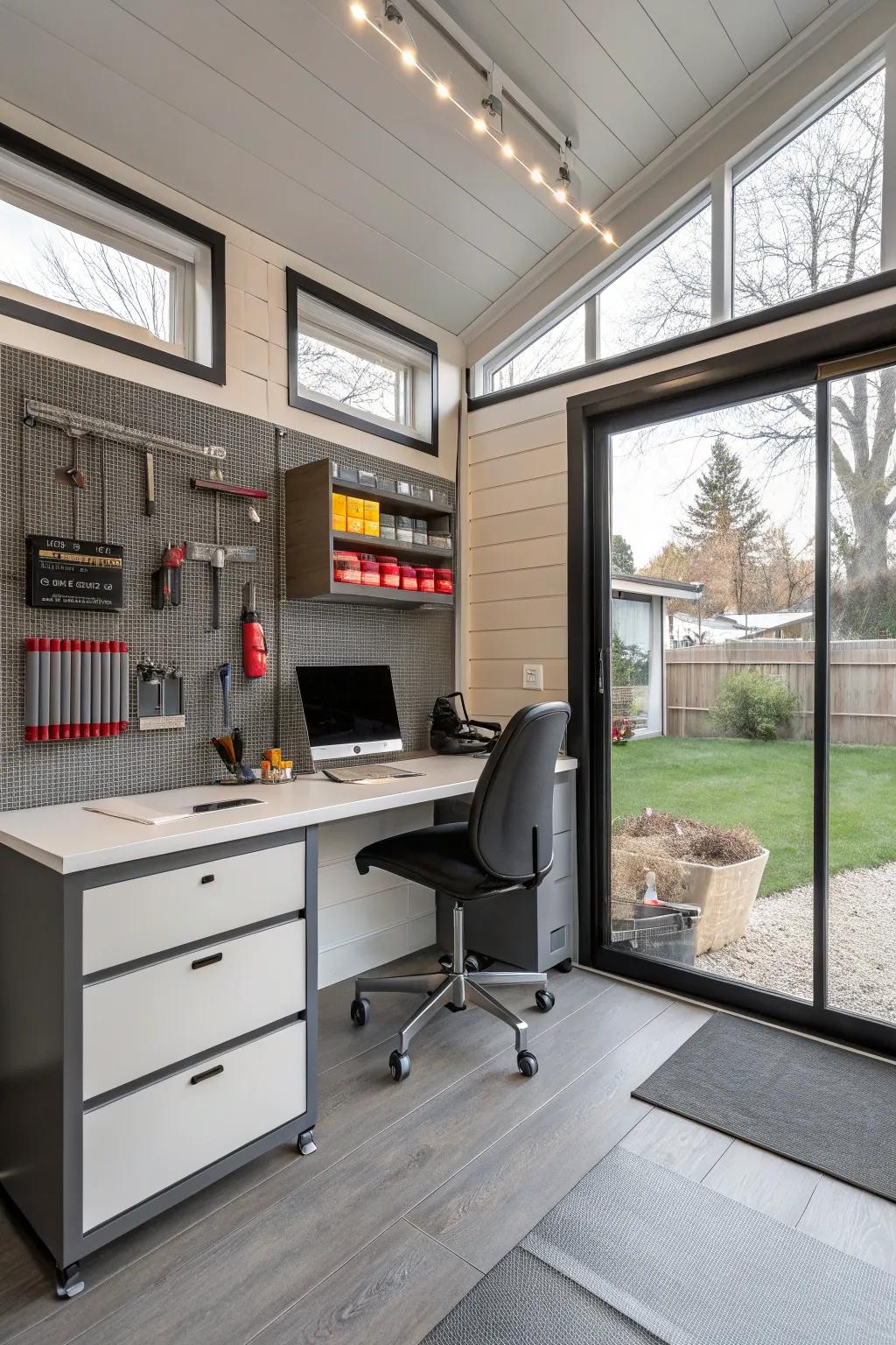 A serene home office setup inside a garage shed.