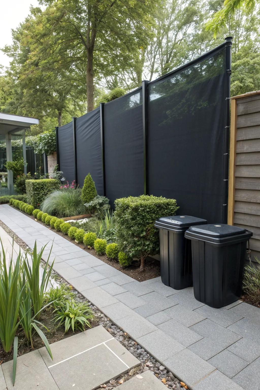Opt for a sleek, low-maintenance vinyl screen to keep trash bins out of sight.