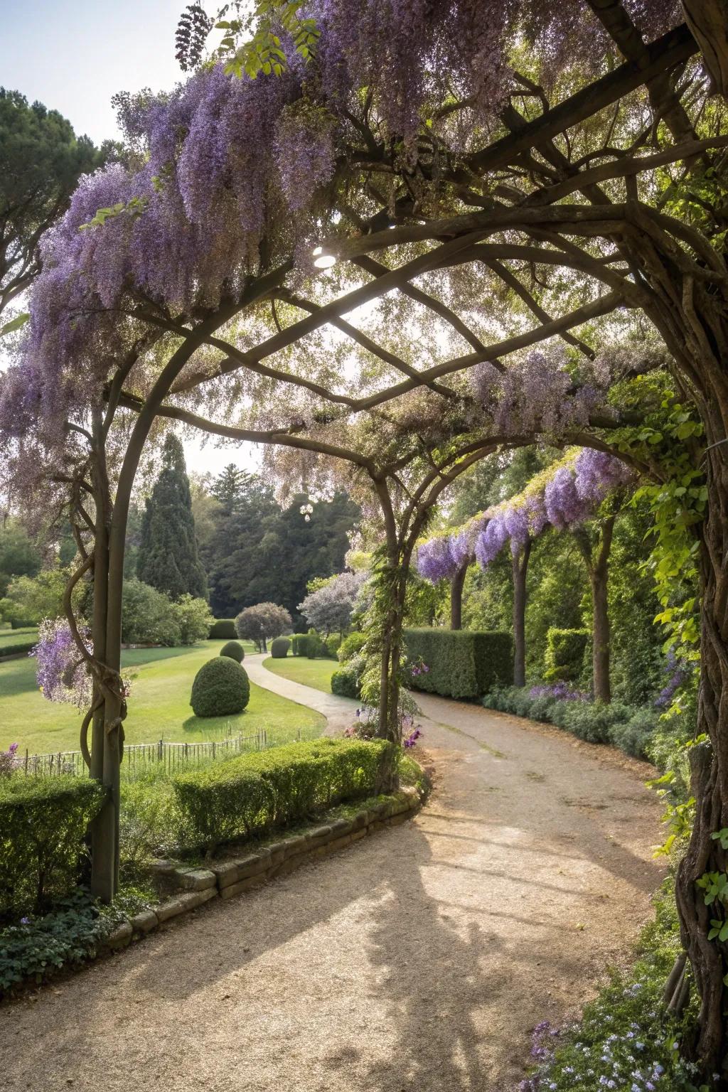 A garden arch beautifully adorned with blooming wisteria.