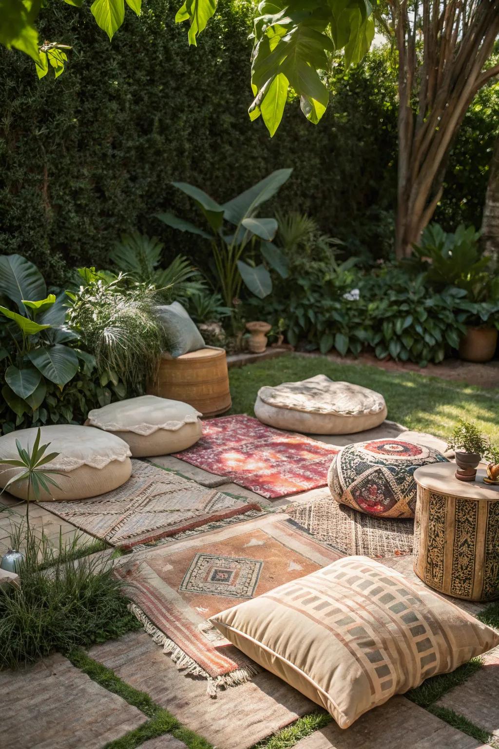 Boho chic seating creates a comfortable and stylish gathering spot.