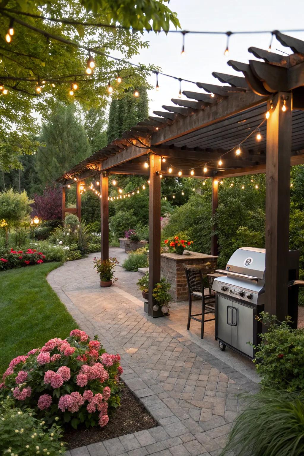 A pergola offers both style and function for outdoor cooking.