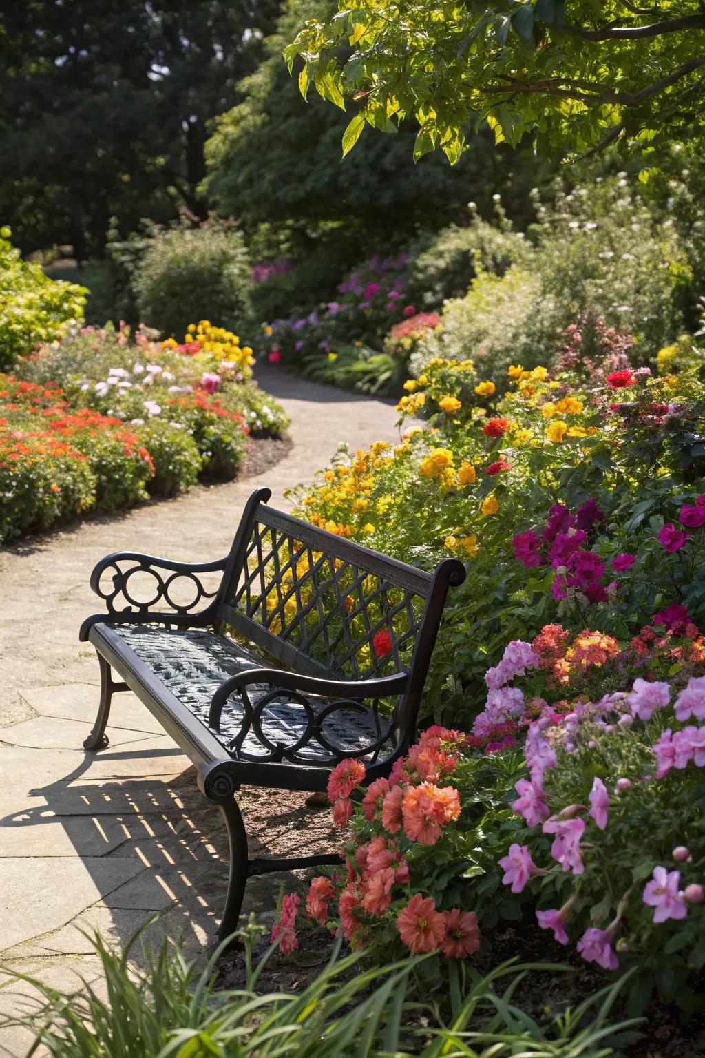 A black bench adds a sophisticated contrast to a vibrant garden setting.