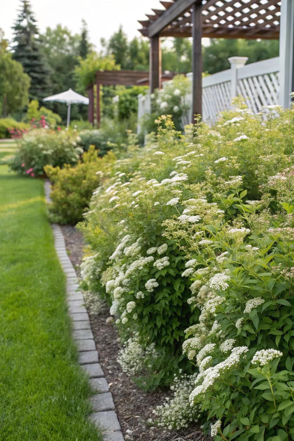 Spirea shrubs offering a lush green border in a garden.