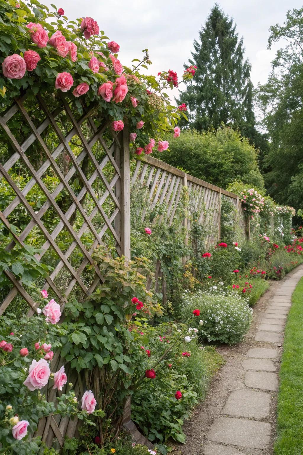 A lattice branch fence supports vibrant climbing plants.