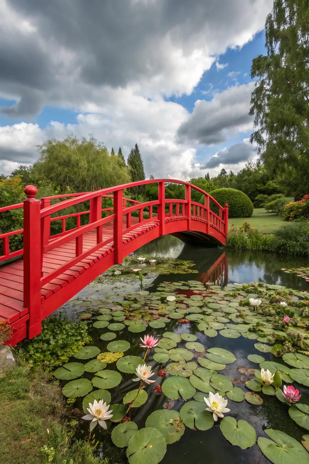 A bright red bridge stands out among lush garden foliage.