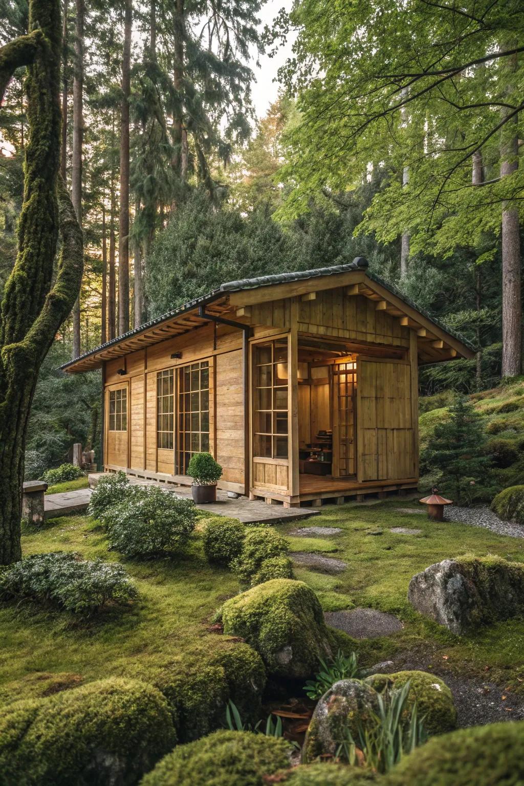 A cozy wooden garden building made of cedar, nestled among trees.