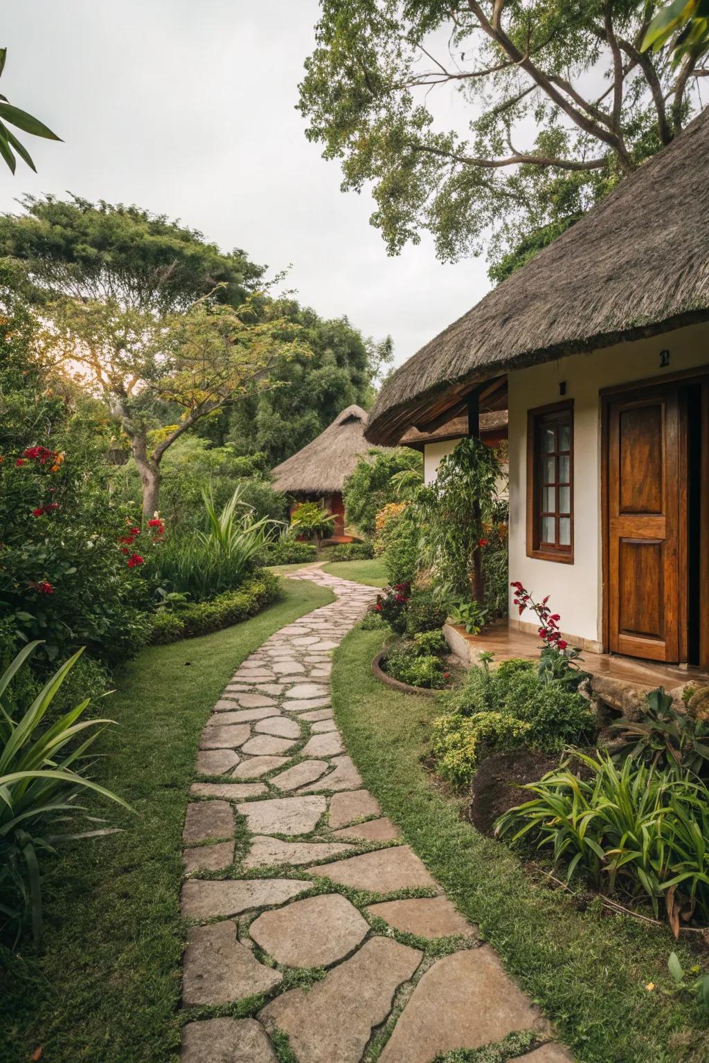 A whimsical pathway invites exploration in this garden retreat.