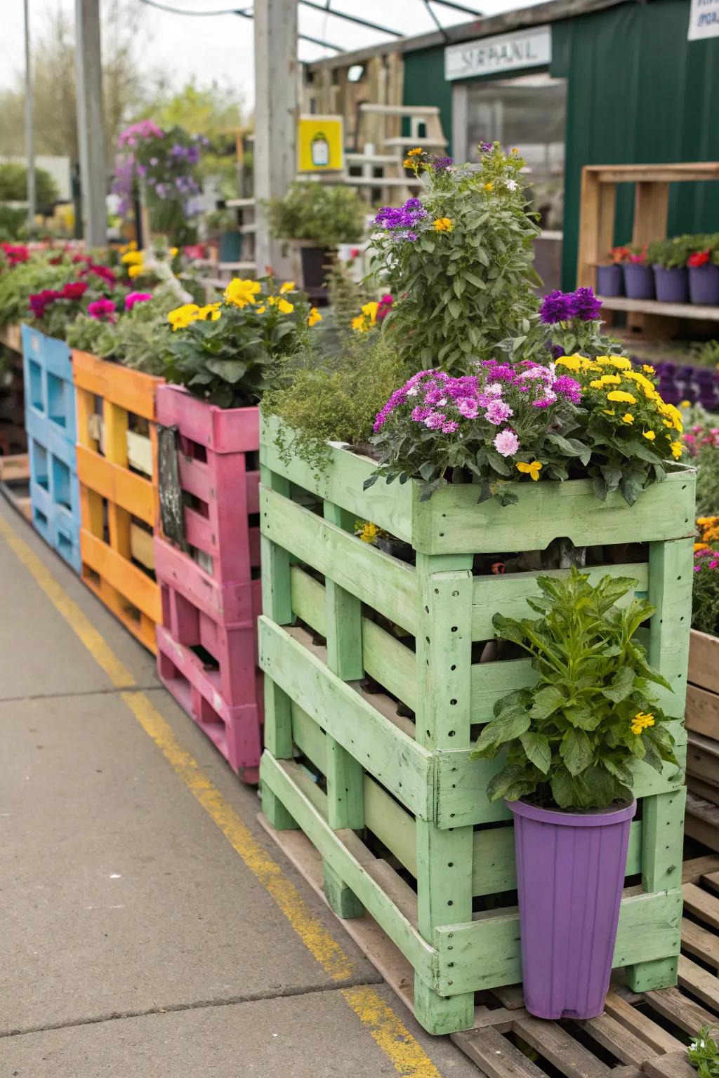 Colorful pallets used creatively as plant stands.