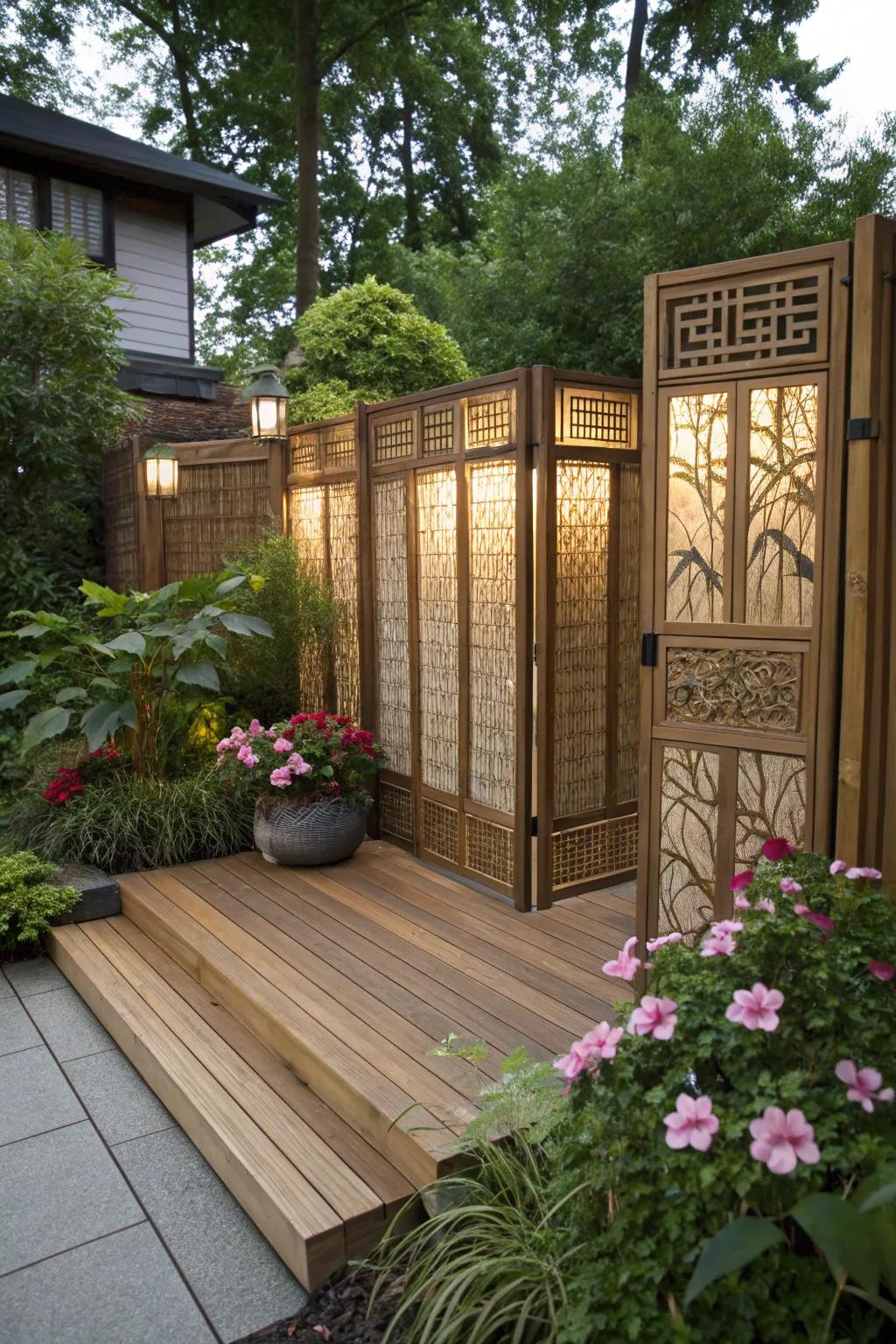 A private deck space with stylish bamboo screening.