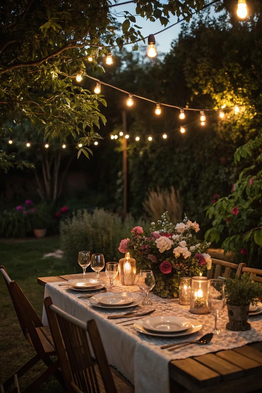 A garden dinner party setting aglow with enchanting string lights.