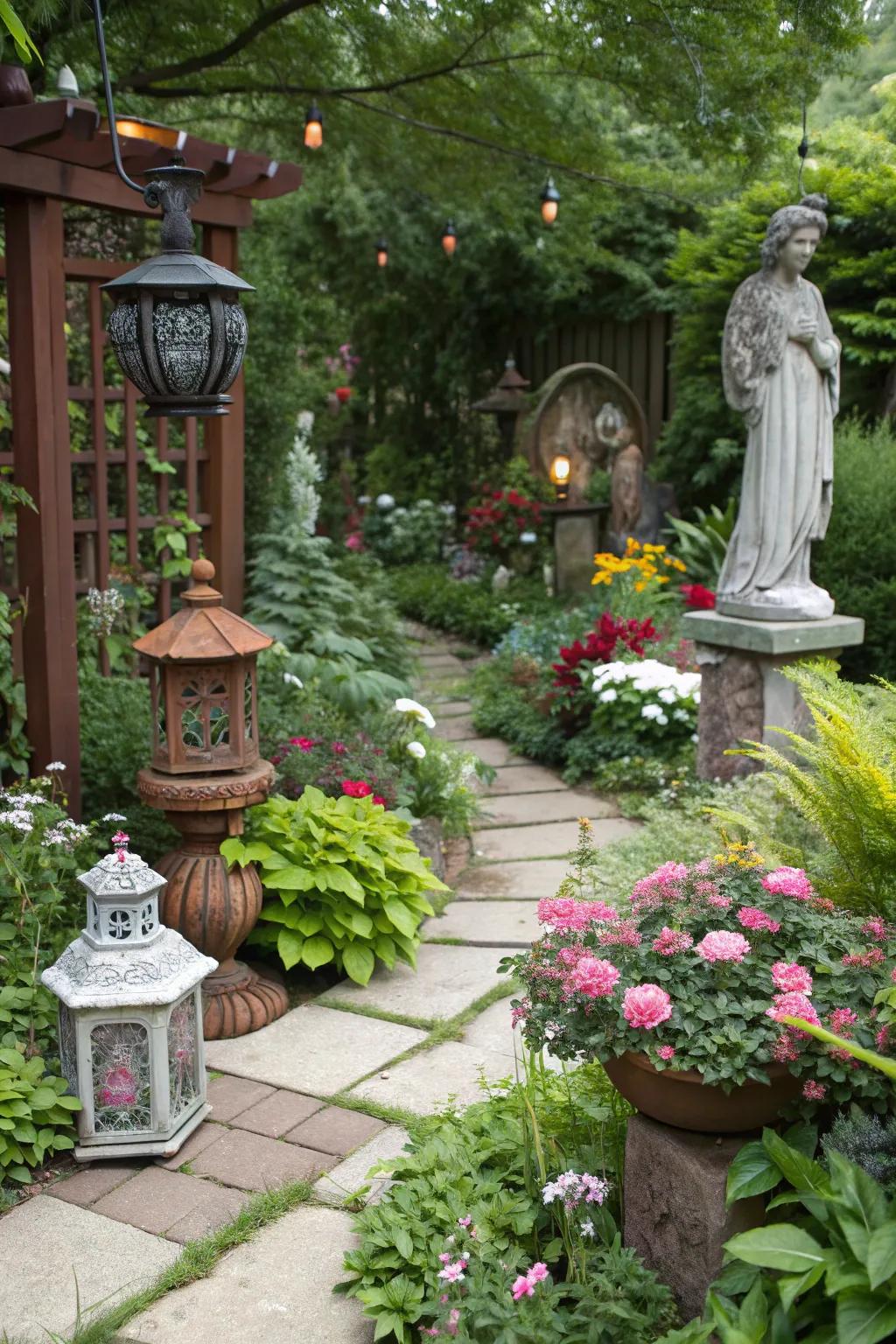 Eclectic decorations adding charm and character to a garden space.