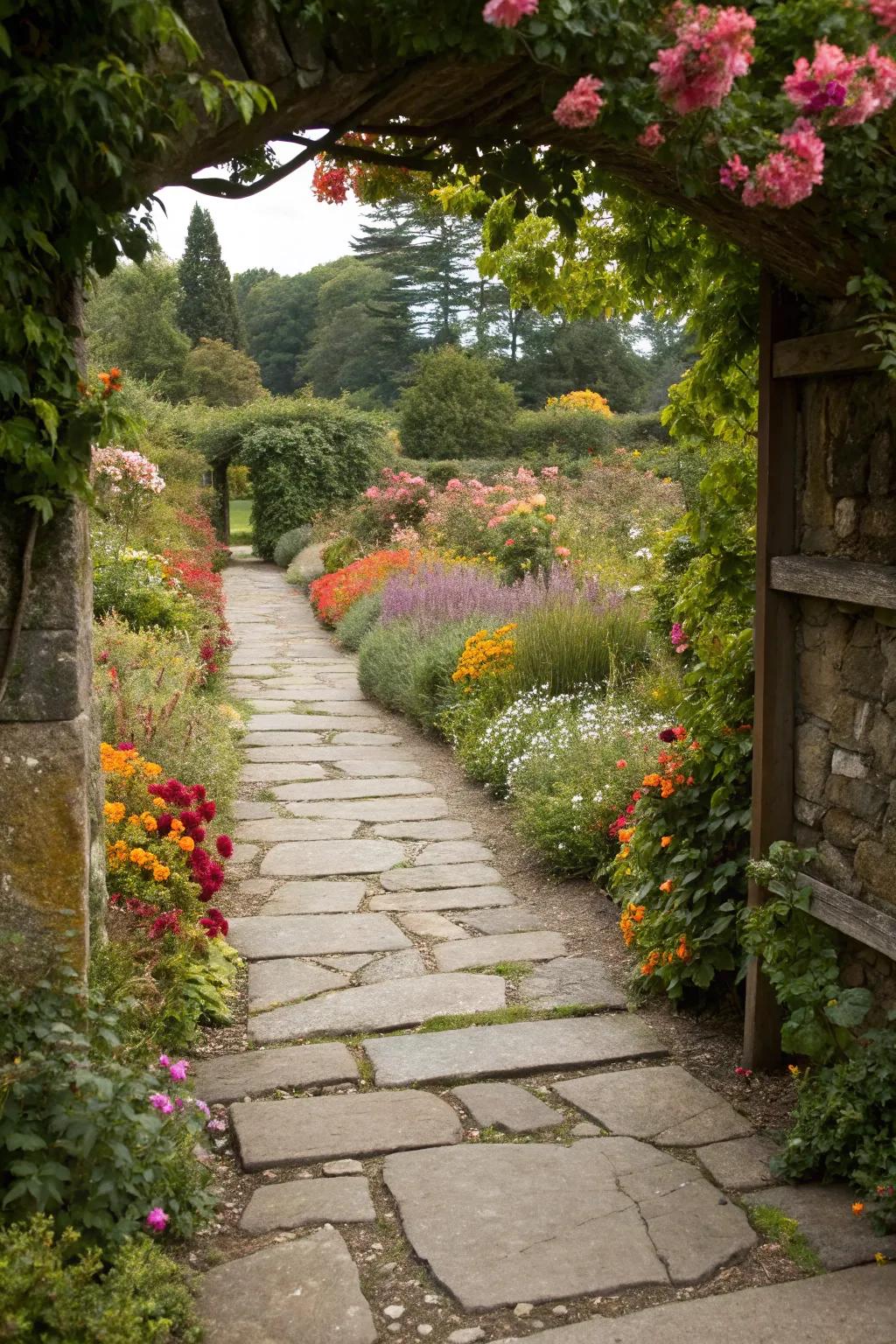 A stone pathway invites guests to explore the garden at a gentle pace.