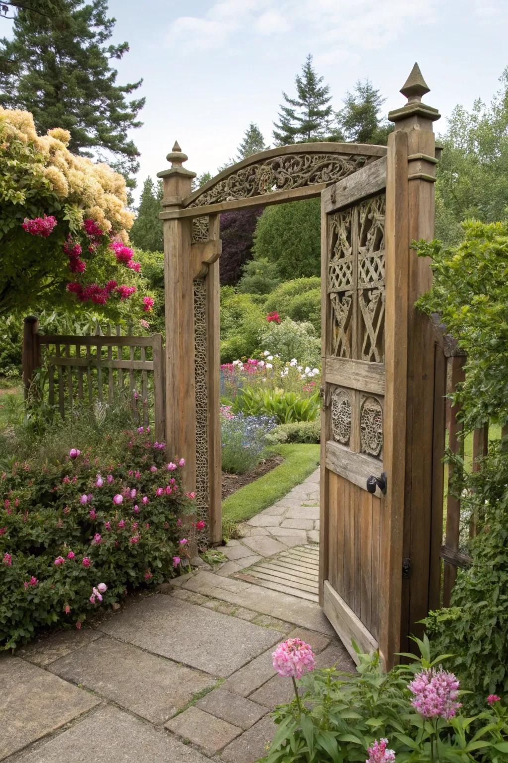 A beautifully crafted wooden gate invites you to discover the garden's treasures.