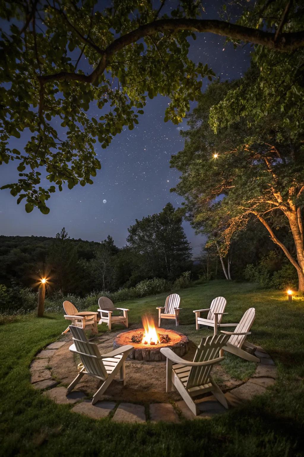 Classic Adirondack chairs create an inviting circle around the fire pit.