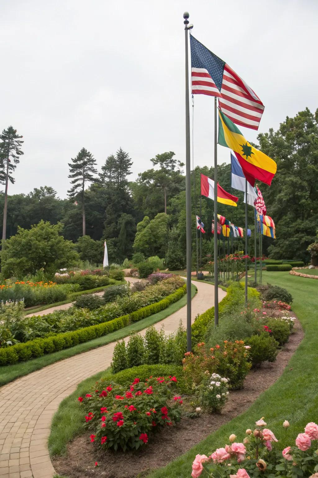 Multi-tiered displays offer a dynamic way to feature multiple garden flags.