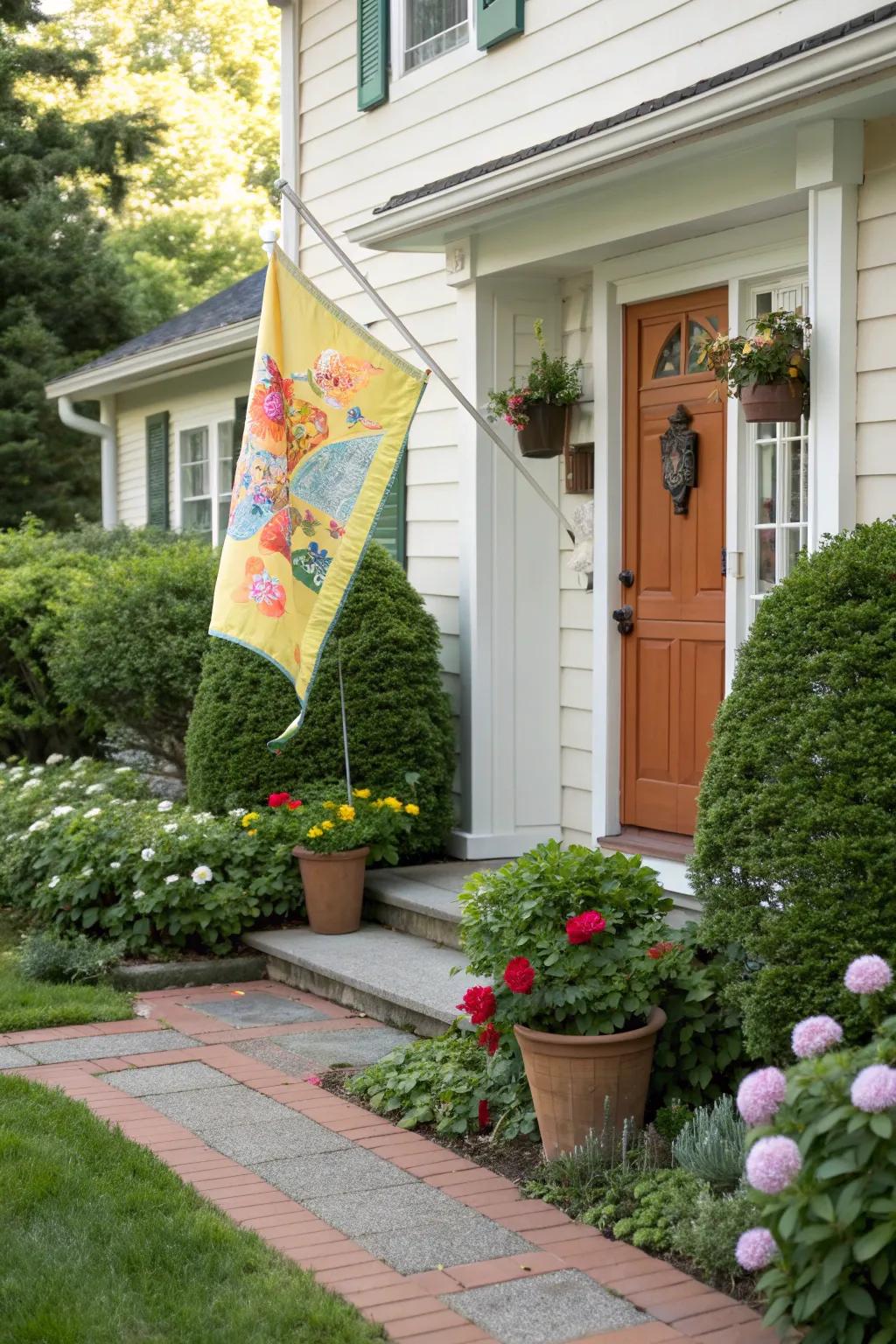A warm greeting with a flag by the entrance