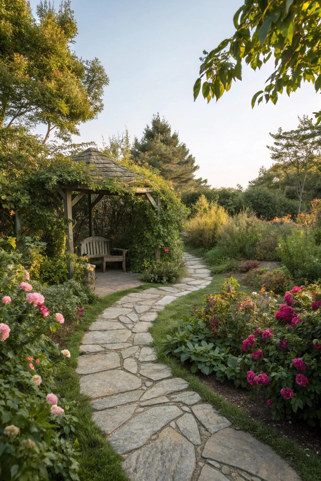 A winding pathway invites exploration in a lush garden setting.