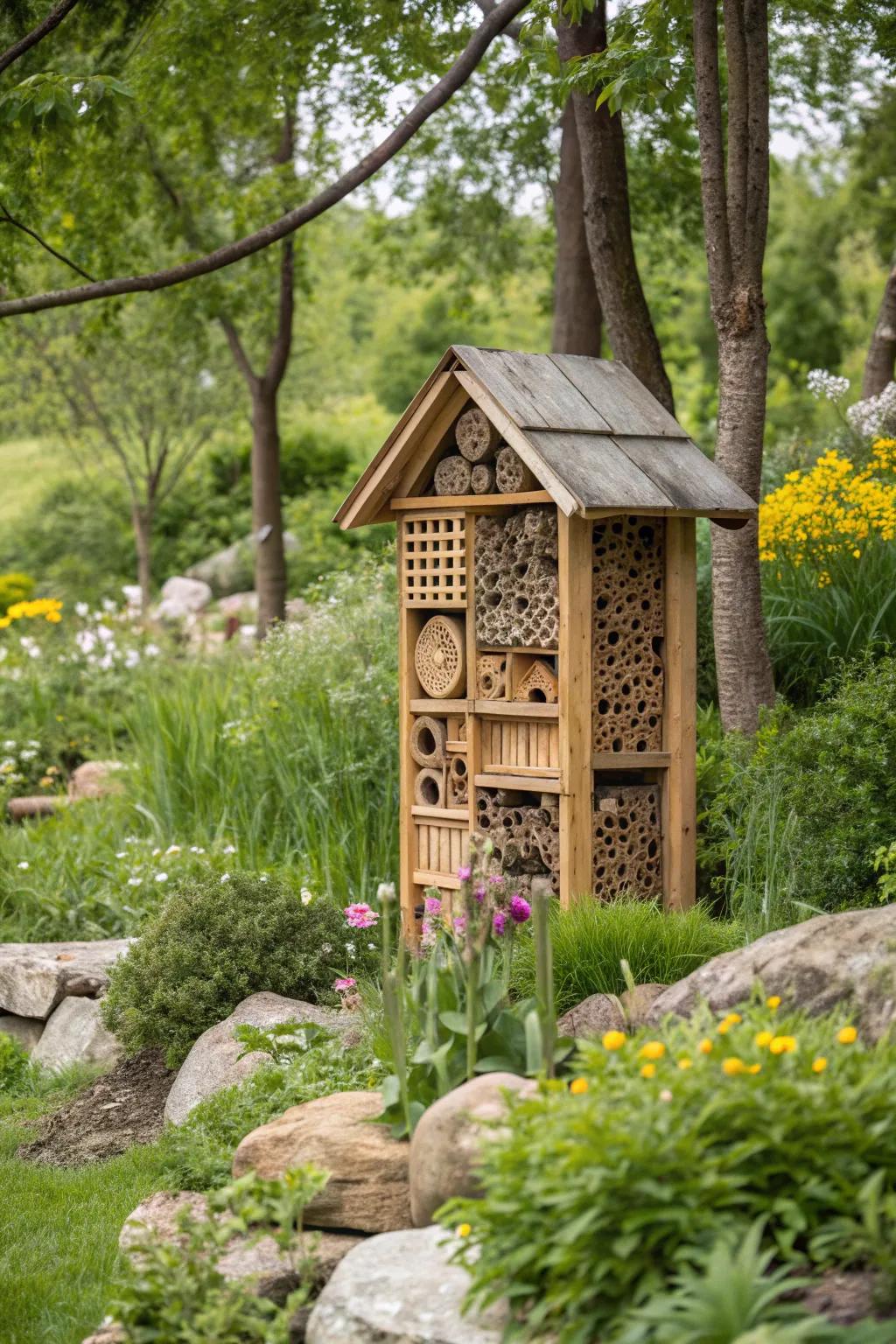 An inviting insect hotel nestled in the garden.