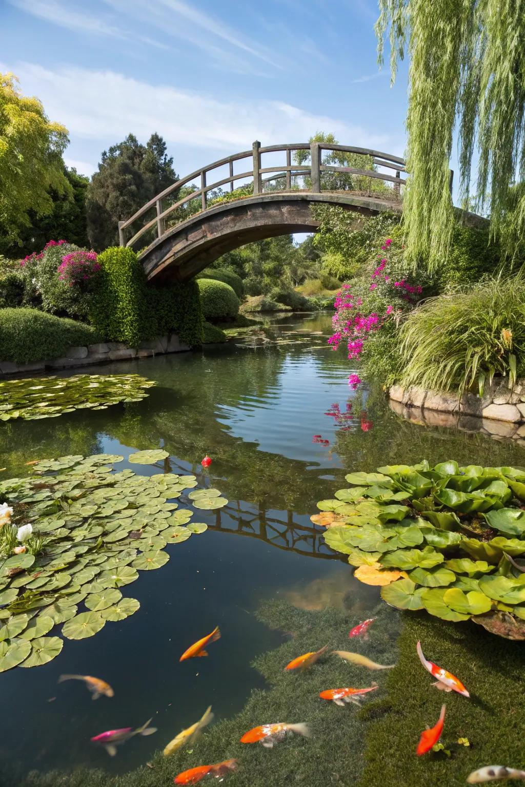A garden bridge providing a peaceful crossing over a pond.
