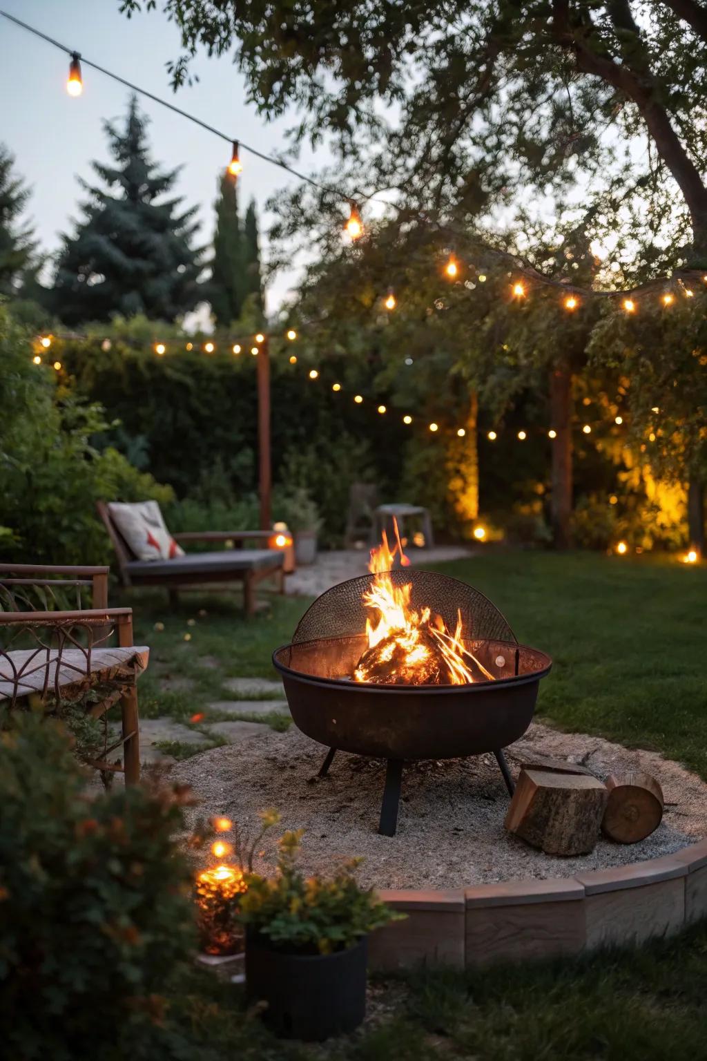 A garden fire pit enhanced by ambient lighting for a warm, inviting glow.