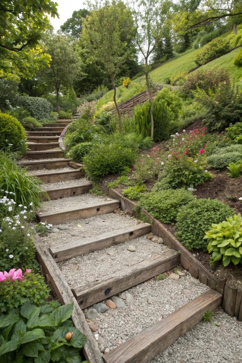 Steps and pathways make navigating a sloping garden a pleasure.