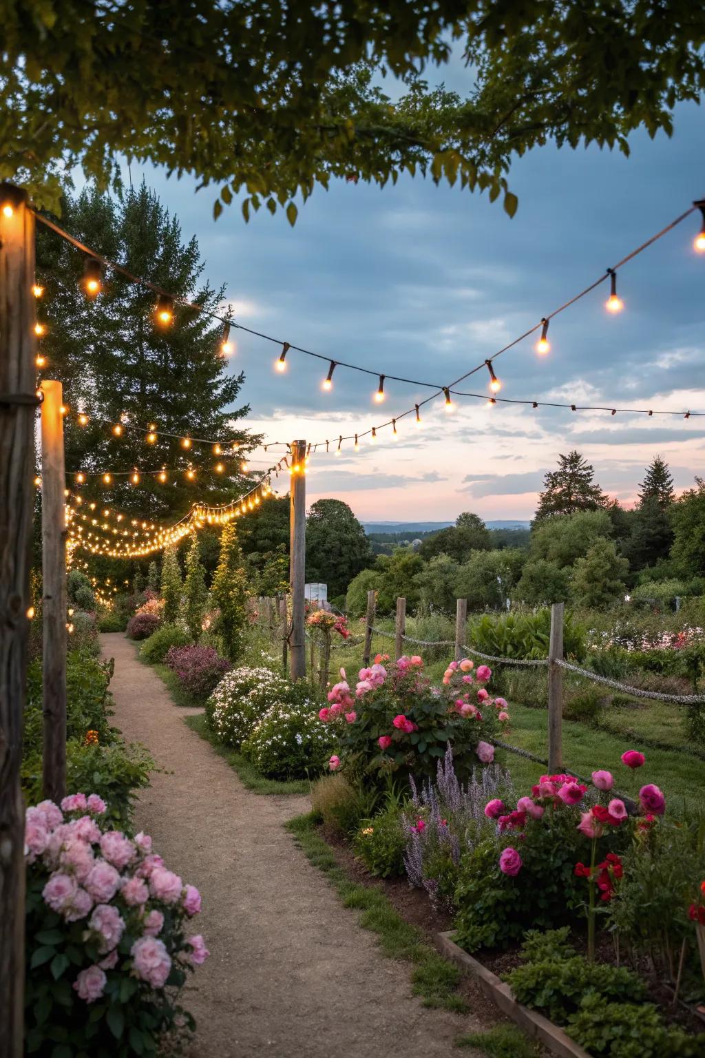 Twinkling string lights create a magical garden atmosphere.