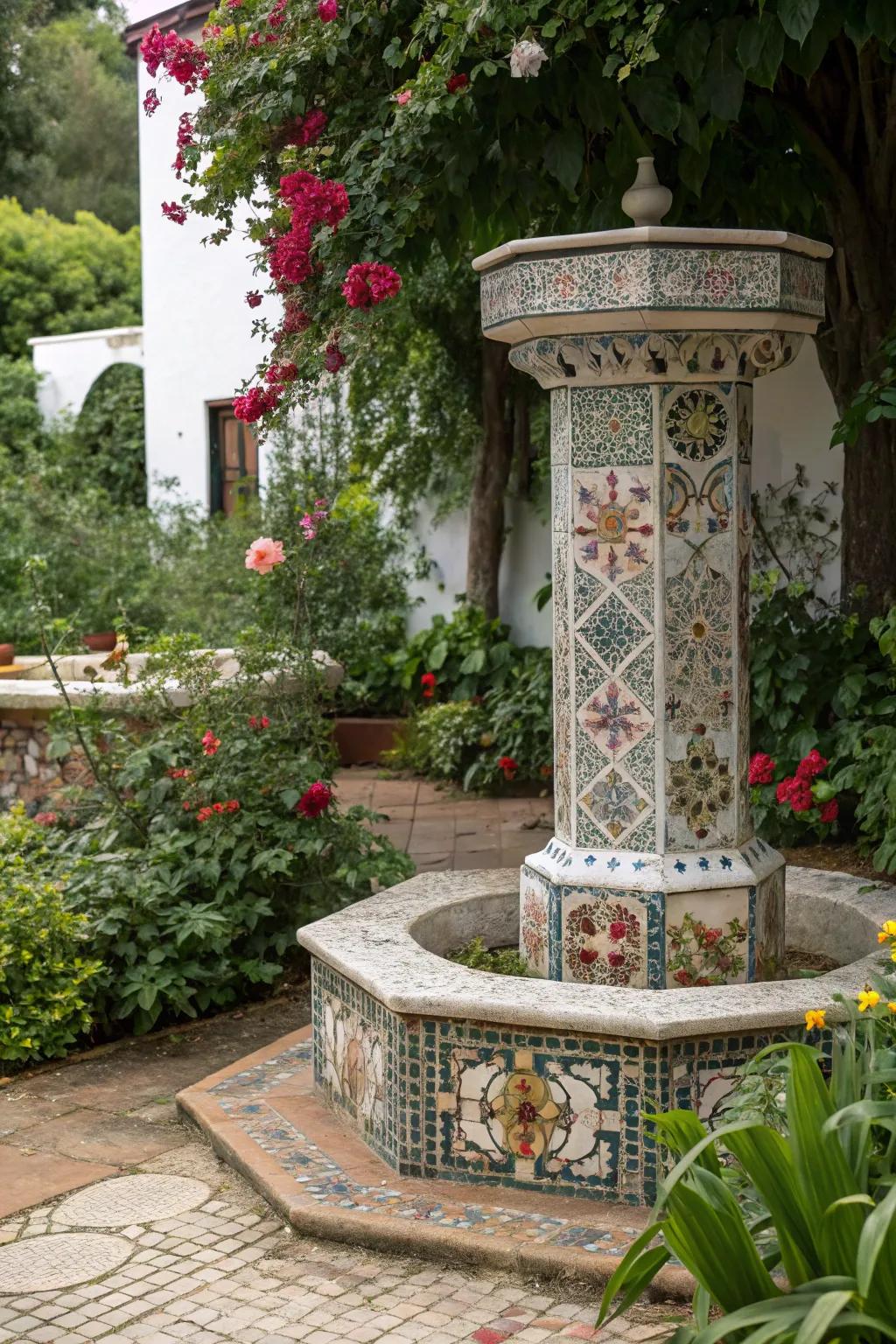 Mosaic pedestals offer an artistic flair to any garden.