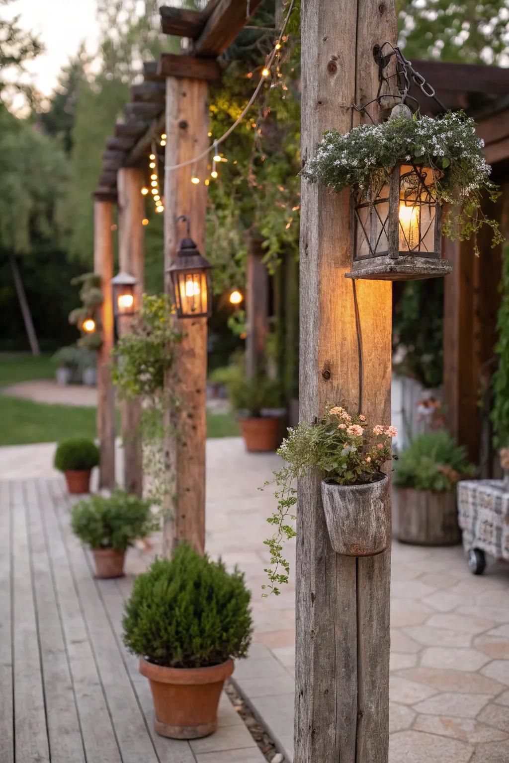 Rustic wood pillars add warmth and charm to any garden setting.