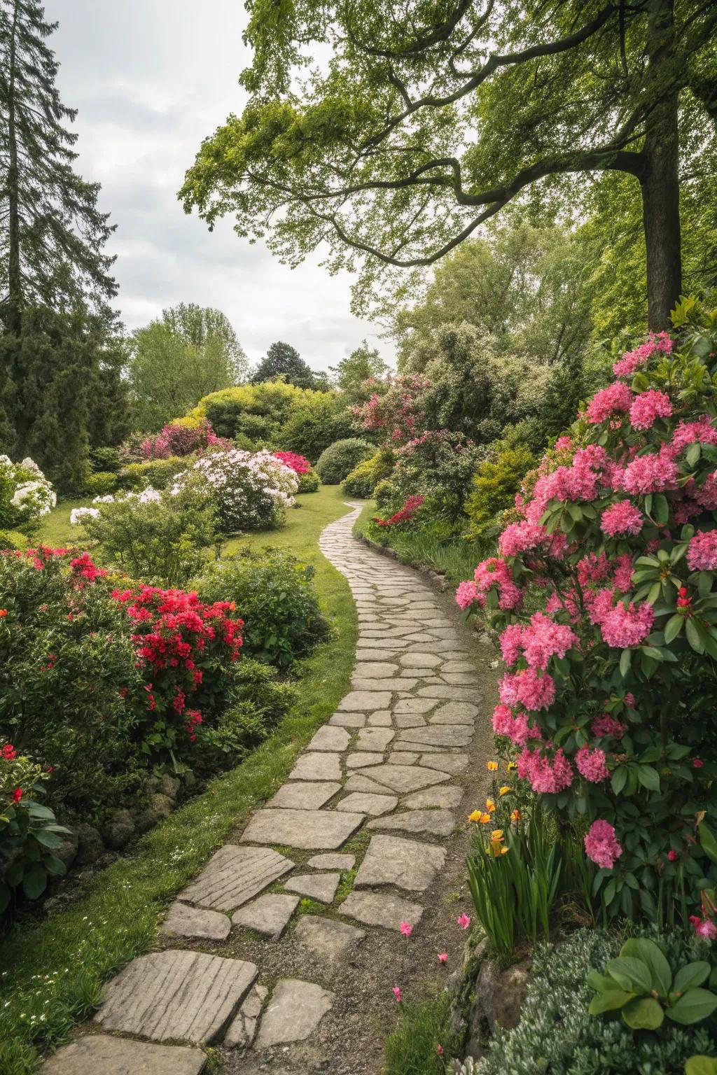 An inviting garden pathway surrounded by lush plants.