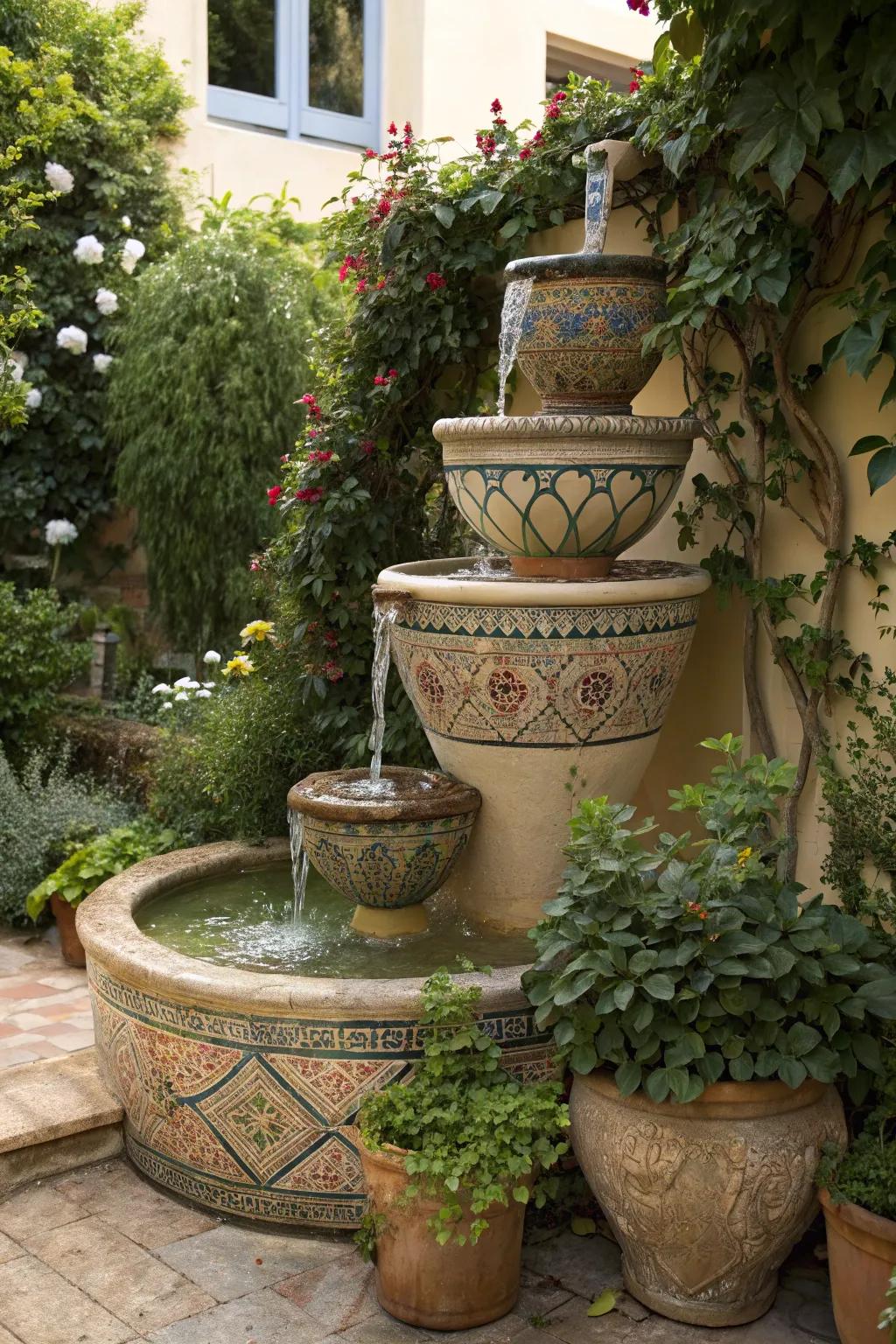 A calming pottery water feature that enhances garden tranquility.