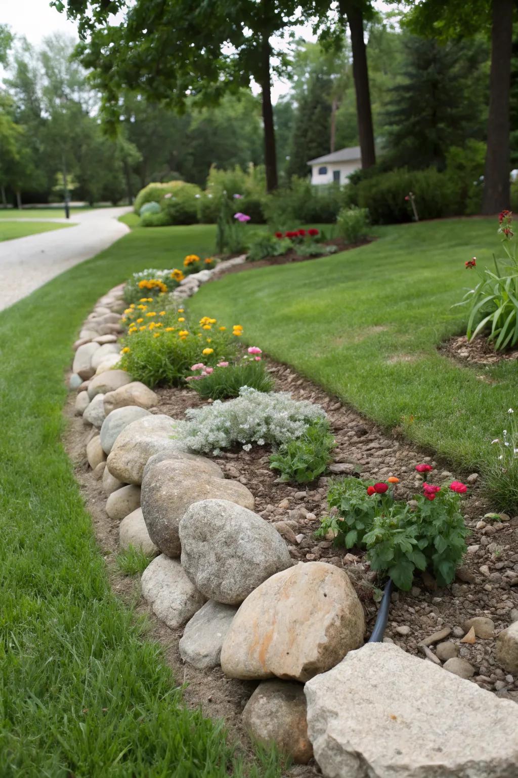 Rock borders add a clean and defined edge to garden beds.