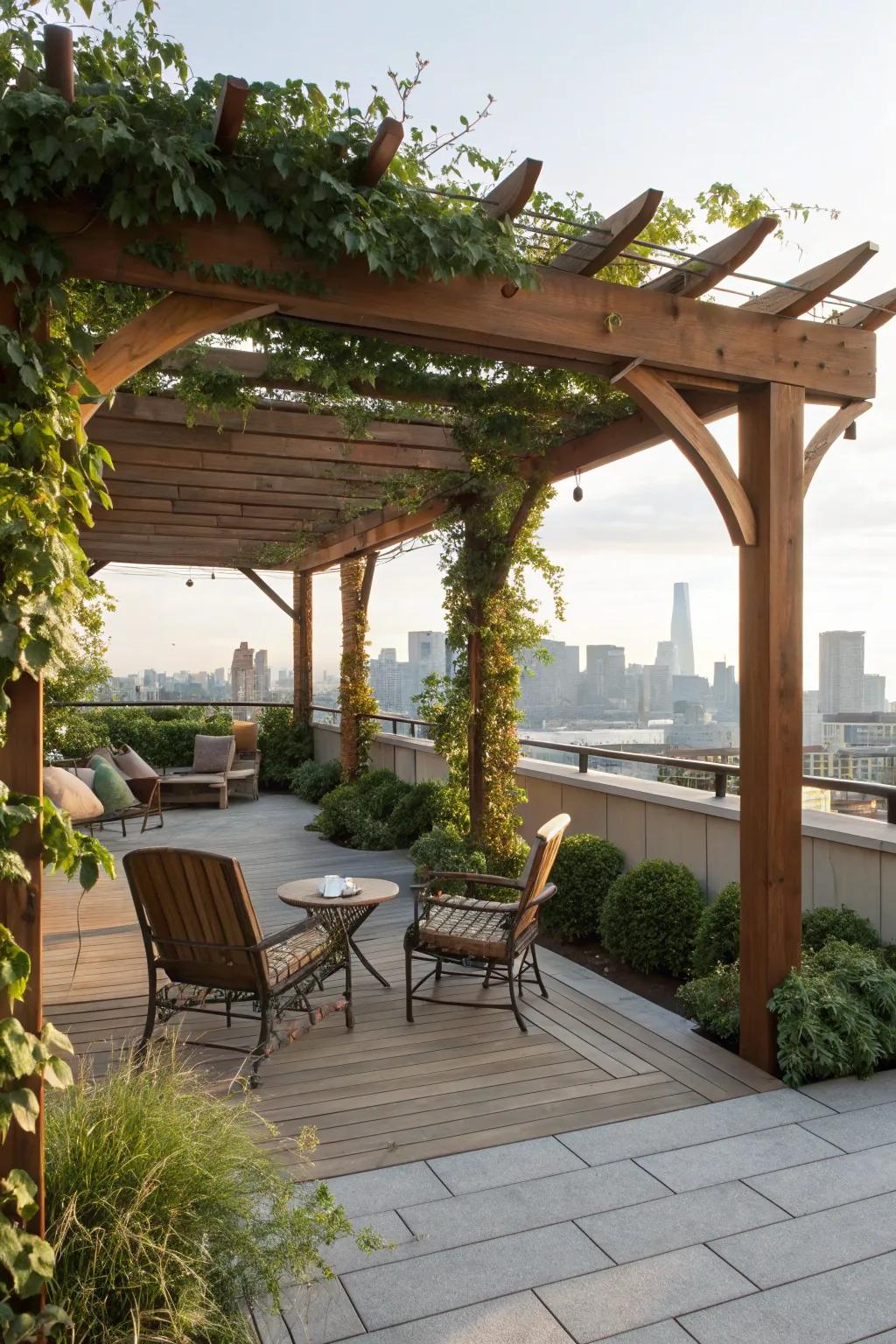 A charming pergola offering shade and style on a rooftop.