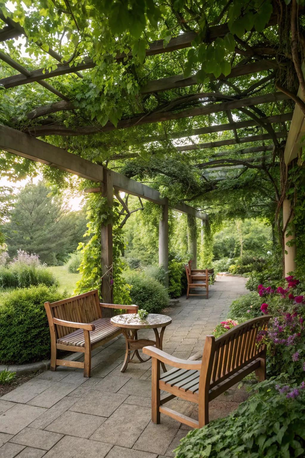 A shaded garden seating area with a vine-covered pergola.