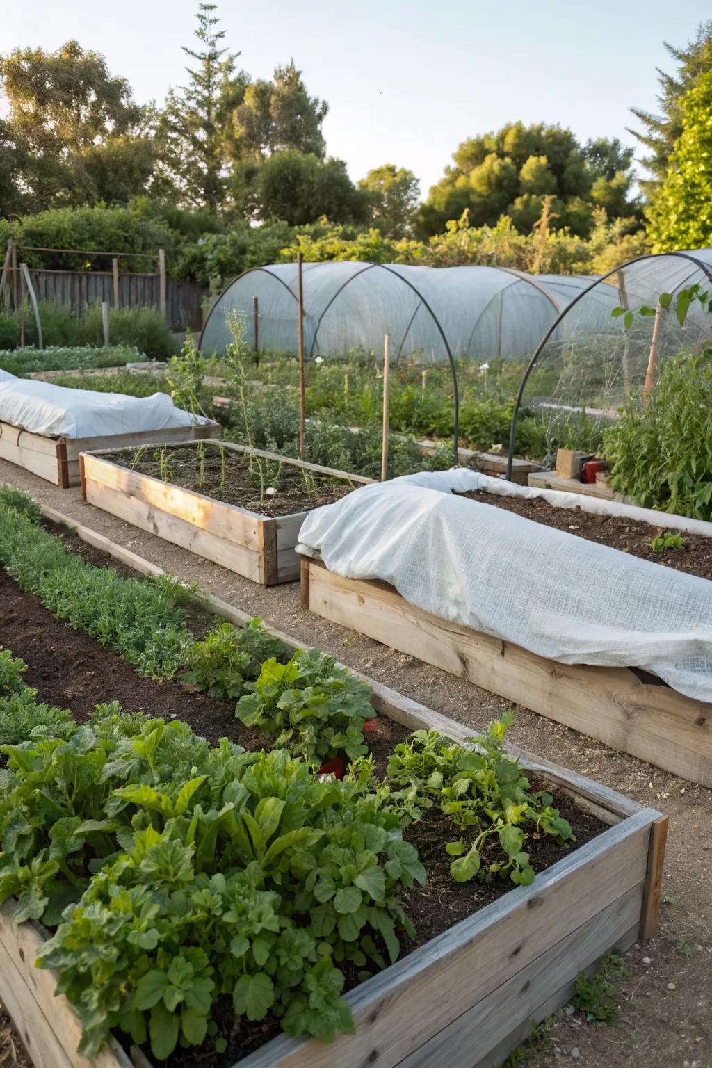 Shade cloth protection over raised garden beds.