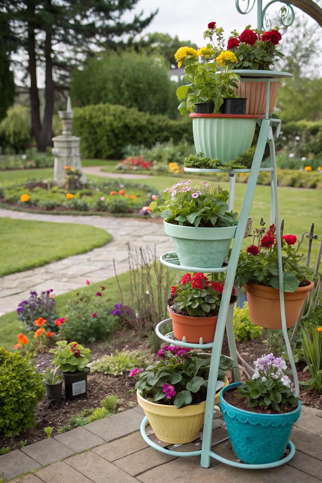 Dynamic display with tiered plant stands.