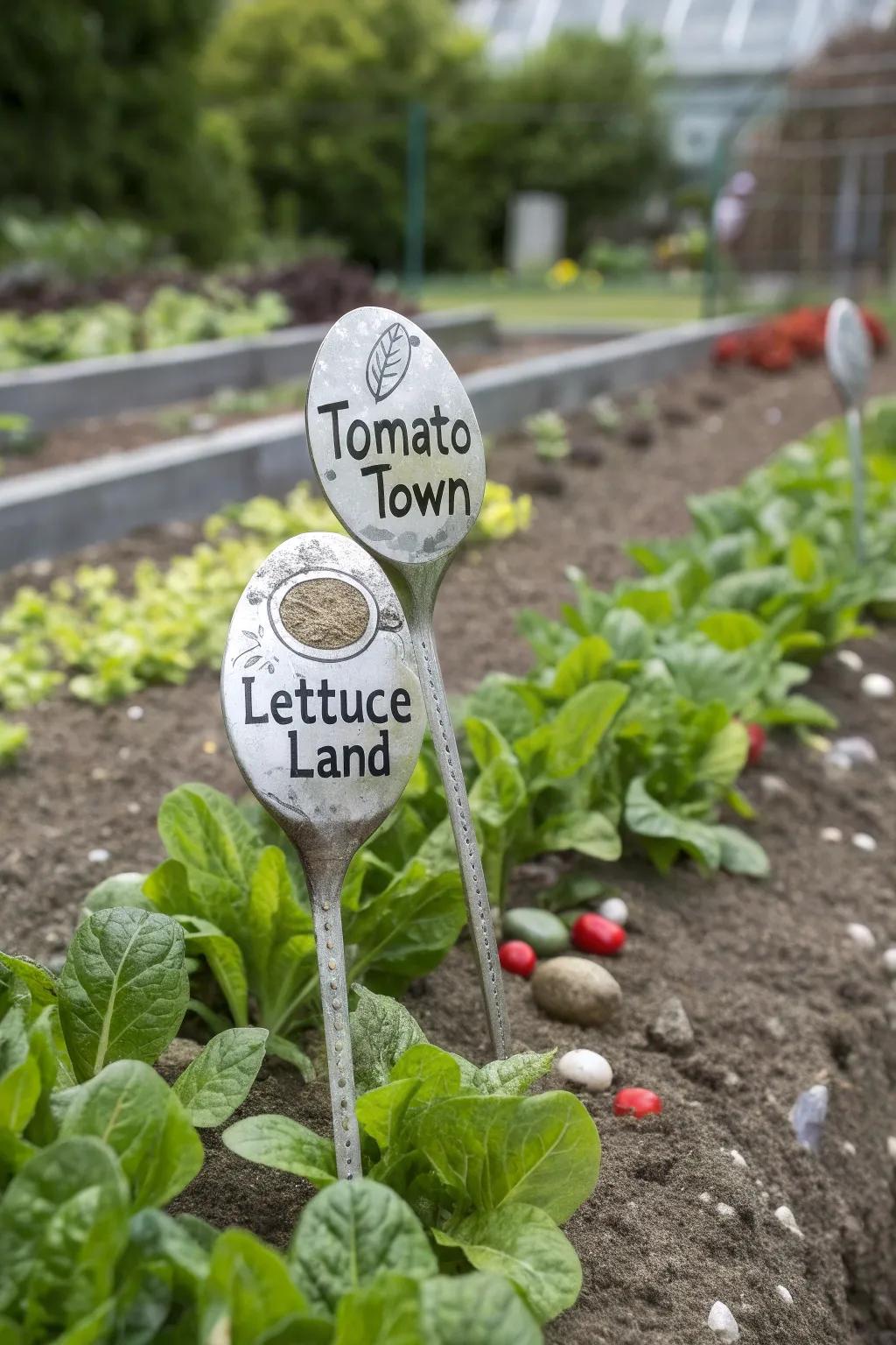 Hand-painted spoons and stones label garden plants with charm.