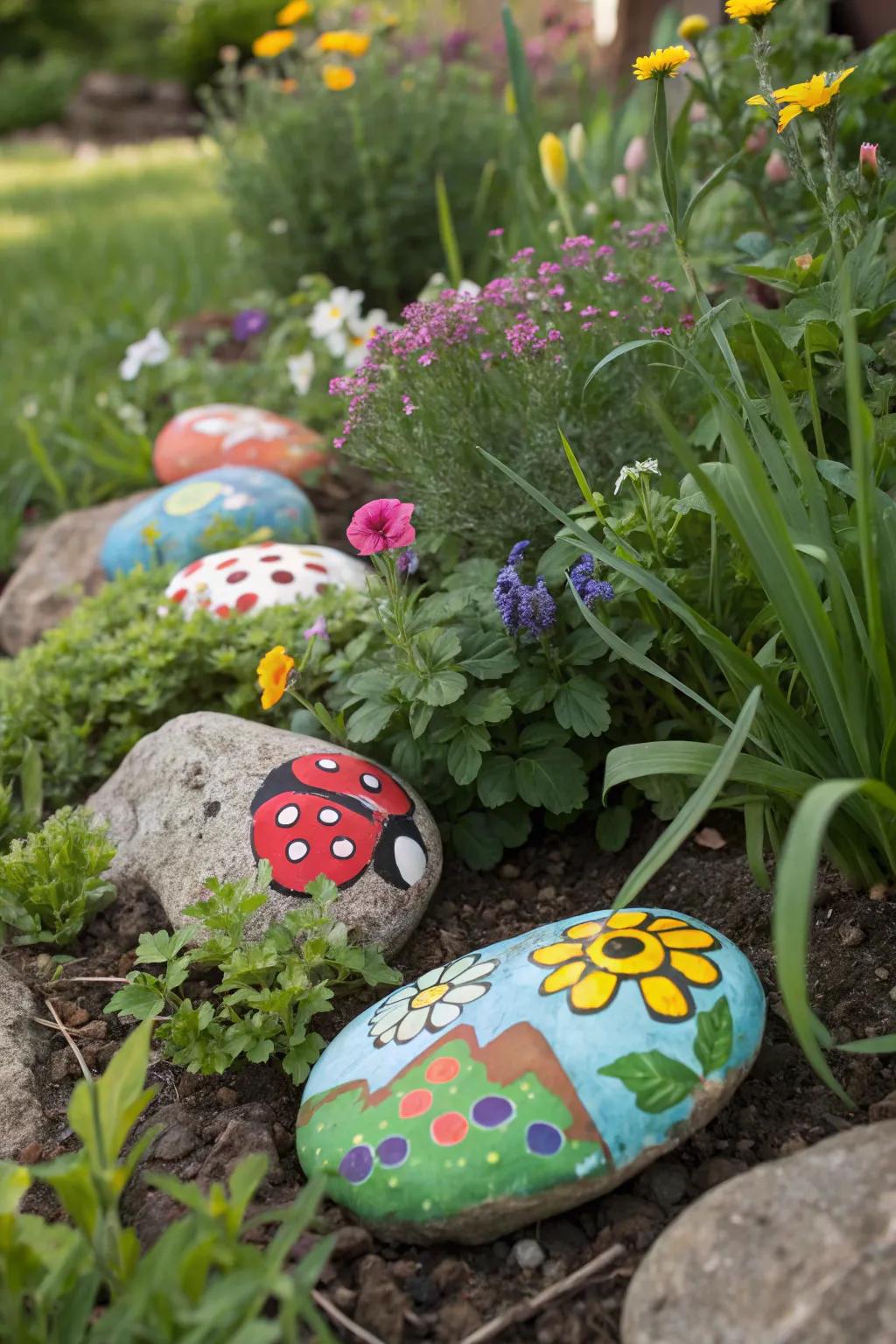 Colorful painted pebbles serving as playful garden signs.