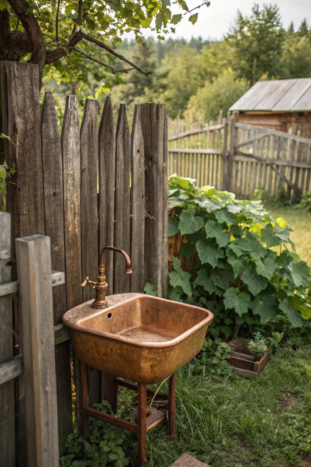 A stunning copper sink adds an industrial flair to this garden setting.