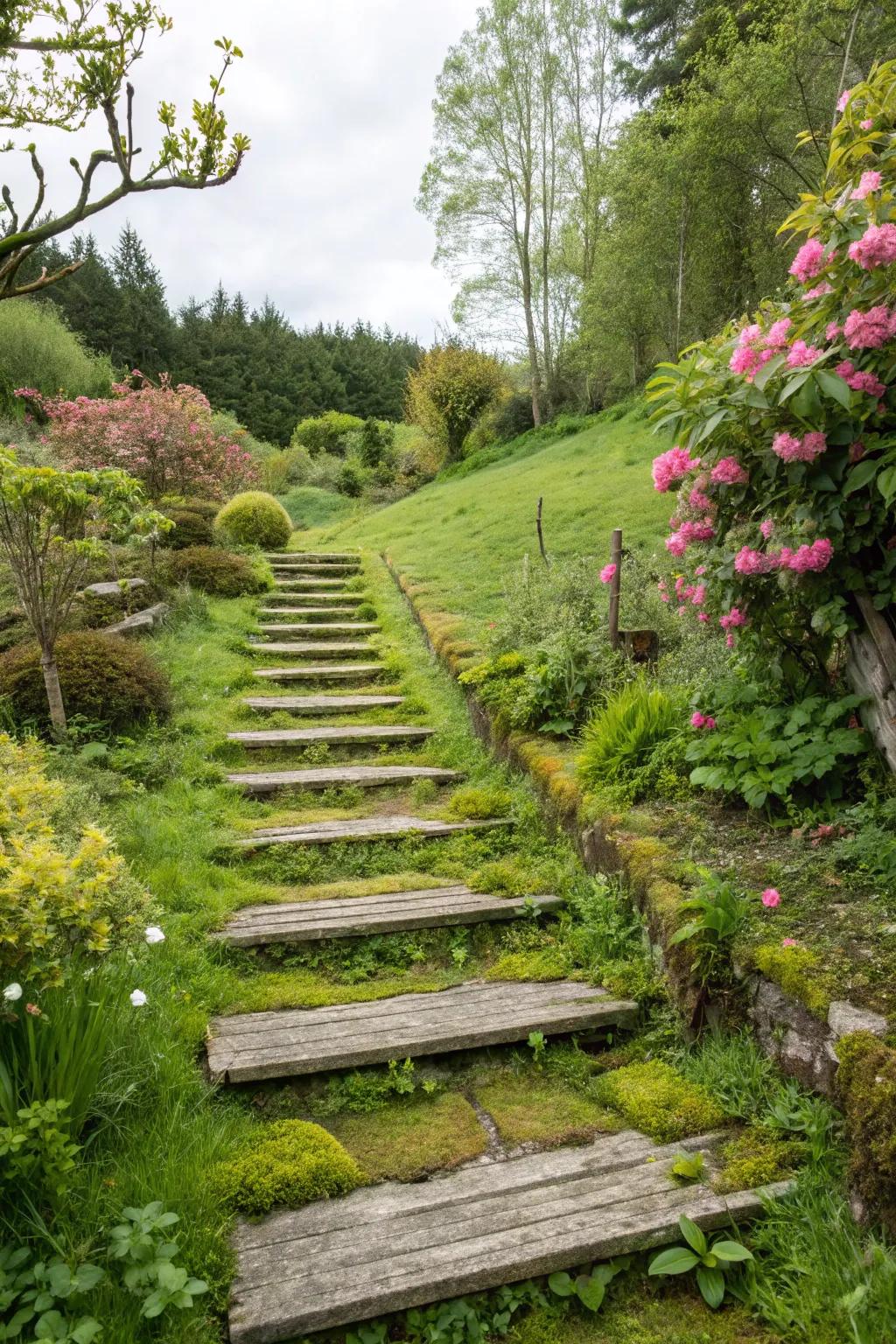 Garden steps and pathways thoughtfully crafted from sleepers.