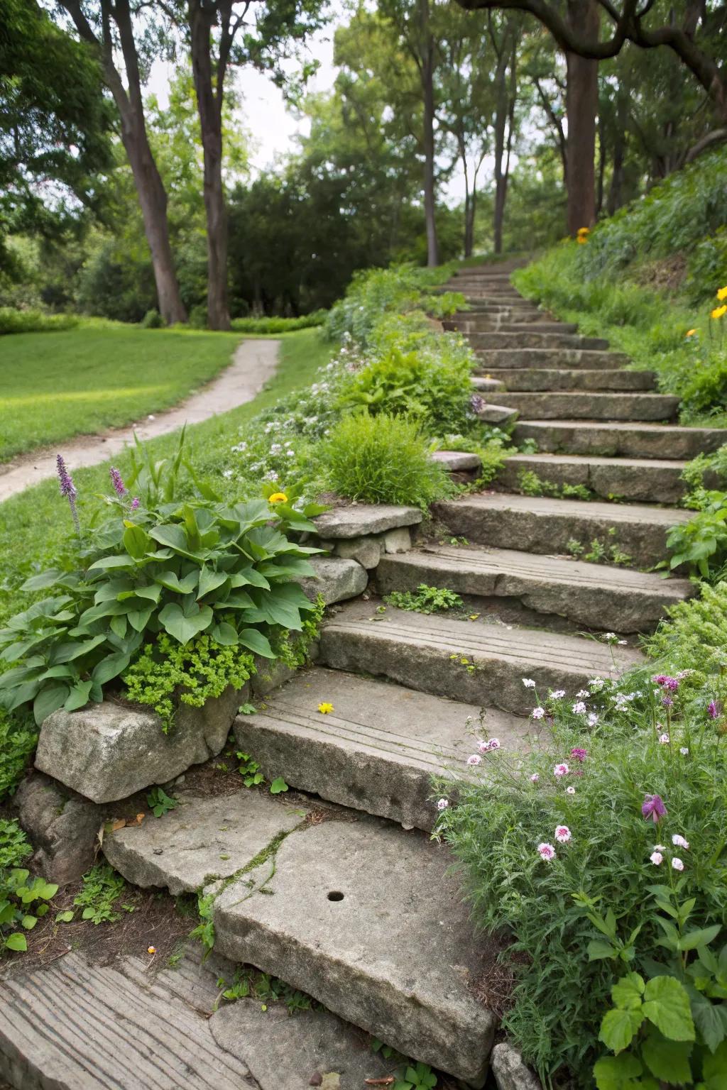 Innovative garden stairs crafted from recycled concrete.