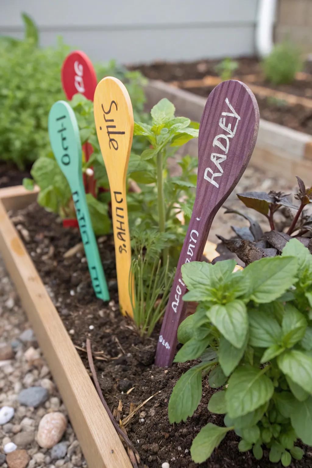 Charming handmade wooden spoon markers labeling herbs in the garden.