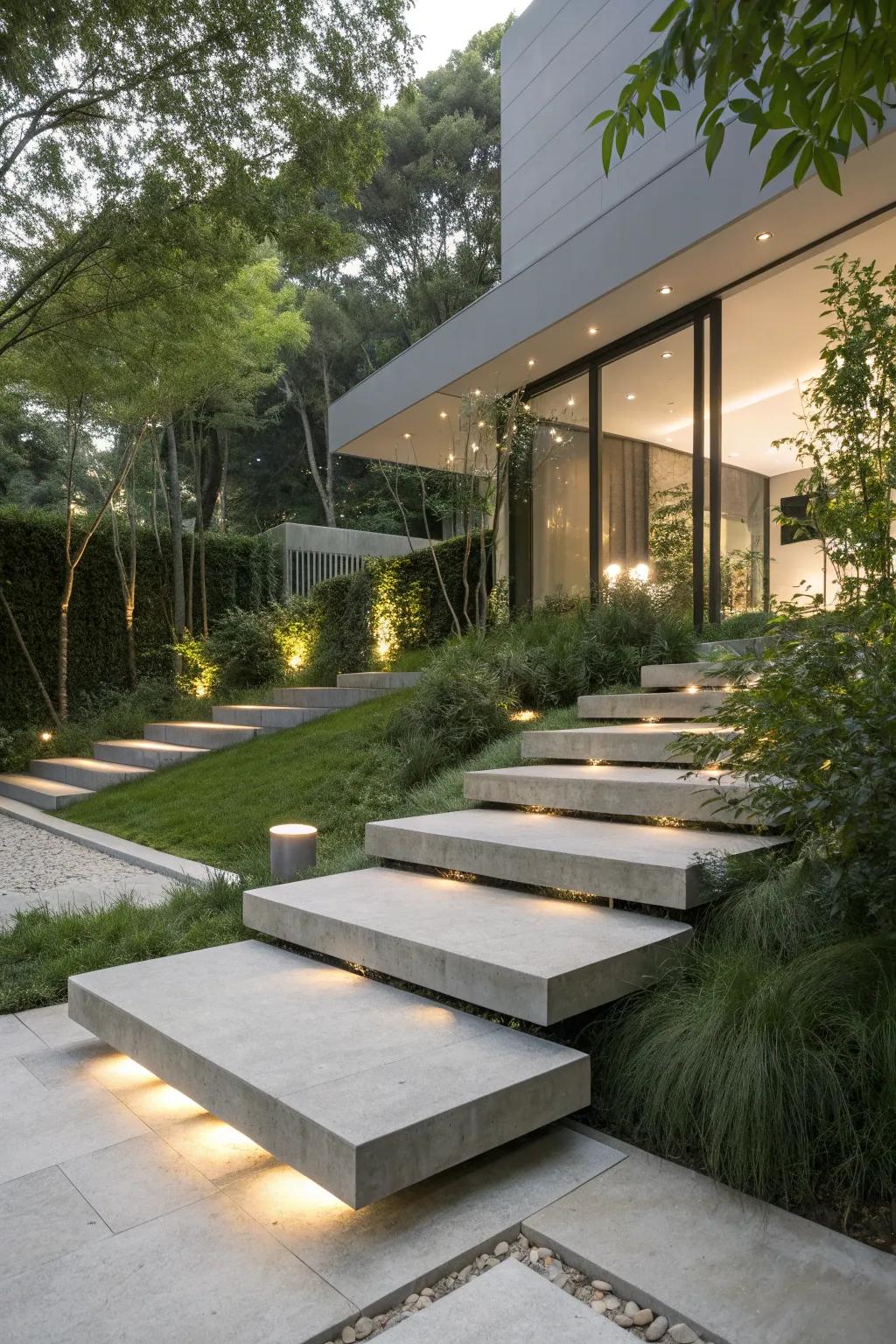 Floating concrete steps for a modern touch.